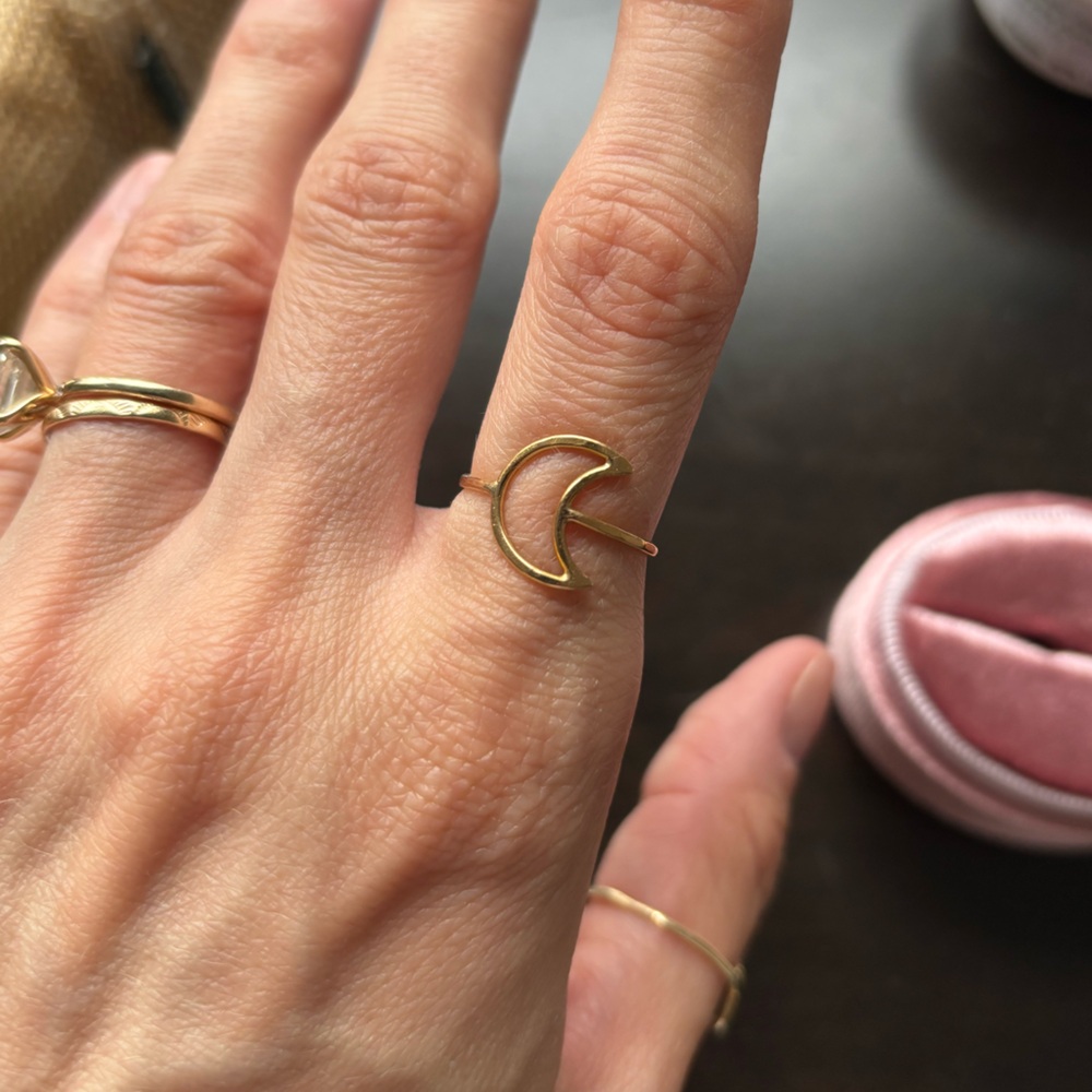 14k Solid Gold Crescent Moon Ring - Picture 2 of 3